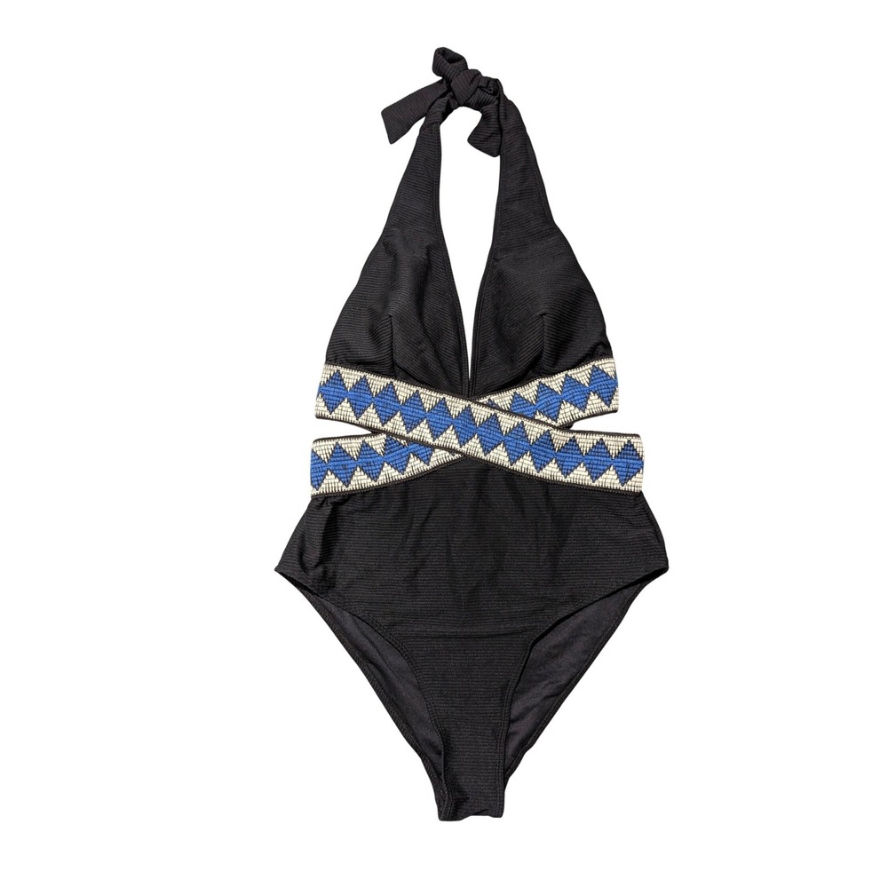 Cupshe Geo Stitching Wrap Cutout One Piece Swimsuit Black Blue Size L NEW